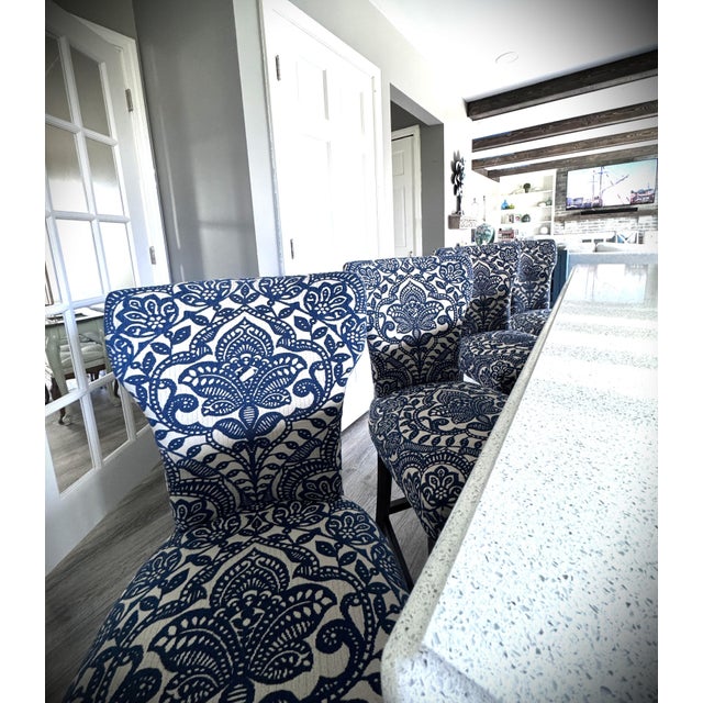 Boho Chic Modern Regal Blue & Ivory Damask Bohemian Lotus Flower Design Counter Stools Set of 4 For Sale - Image 3 of 10