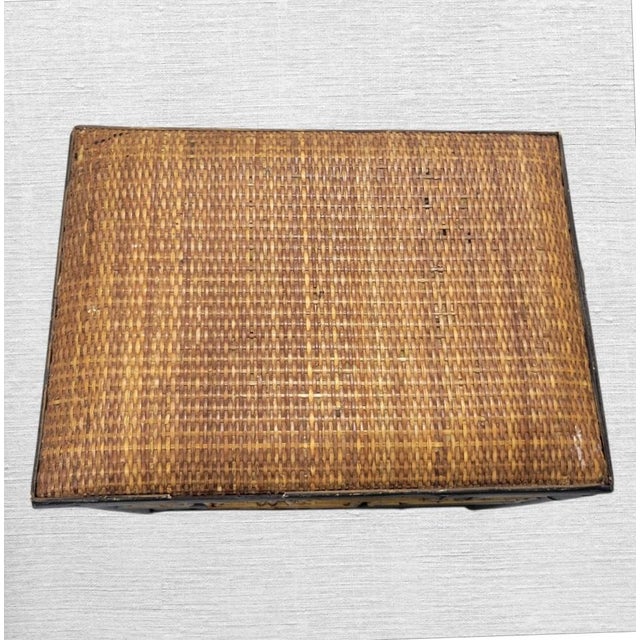 Palecek Vintage Wood, Wicker, Bamboo Greek Key Black Brown Padded Footstool Storage Box For Sale - Image 4 of 7