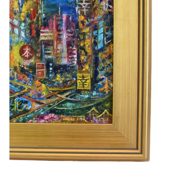 Original Hong Kong cityscape oil painting on artist board. Unsigned. Included are the gold leaf wood frame and hanging...