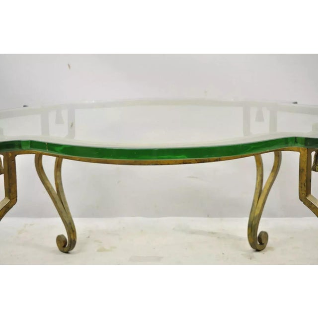 Metal Vintage Italian Hollywood Regency Gold Gilt Iron Scalloped Glass Coffee Table For Sale - Image 7 of 12