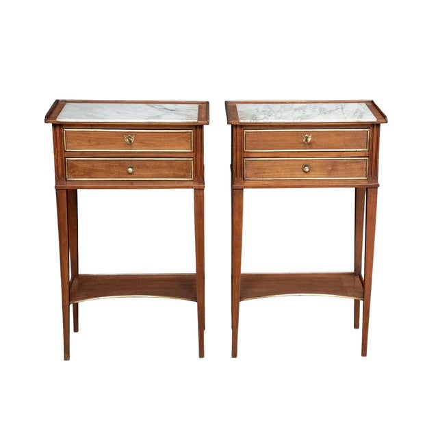 Pair of French Nightstands or Bedside Tables of Mahogany With Inset Marble Tops For Sale - Image 4 of 12