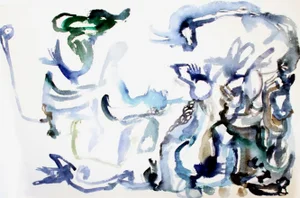 Blue - 2020, Abstract, Expressionist, Contemporary, Blues/White, Fine Art Watercolor Painting on Paper by Joe Ginsberg.