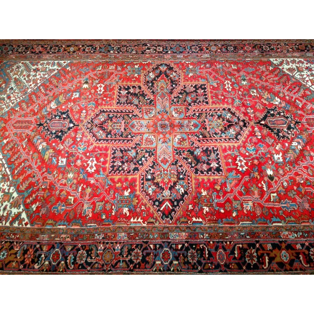 Vintage Oversize Heriz Rug, Hand-Knotted Geometric Pattern, Red & Ivory, 11’ X 19’ For Sale - Image 10 of 12