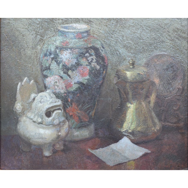 Wonderful early 20th century still life of a Japanese Shisa (lion/dog), a floral design vase and a brass coffee pot by...