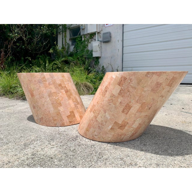 Vintage 1980s Maitland-Smith tessellated stone pedestals with double ring brass inlay. These beautiful pedestals have a...