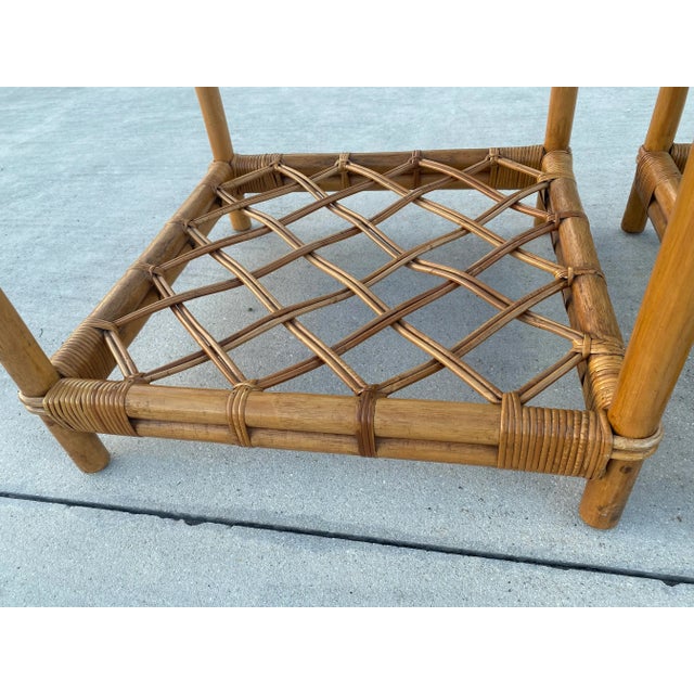 Wood Boho Coastal Vintage Square Glass Top Lattice Rattan End Tables Styled After McGuire- Set of 2 For Sale - Image 7 of 12