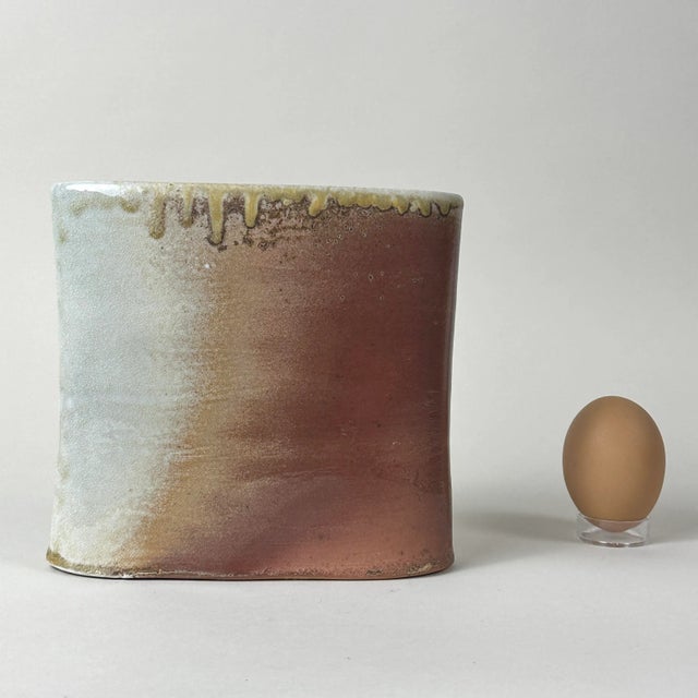 Vintage Anagama Fired Ash Glaze/Crackle Glaze Stoneware Vase, Signed For Sale - Image 4 of 8