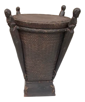 Vintage Indonesian Ketak Grass Basket With Dark Wood Fetish Spirit Figures on Wooden Stand- 2 Pieces