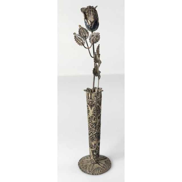 Early 20th Century Early 20th Century Sterling Silver 925 Filigree Flower Vase With Rose For Sale - Image 5 of 10