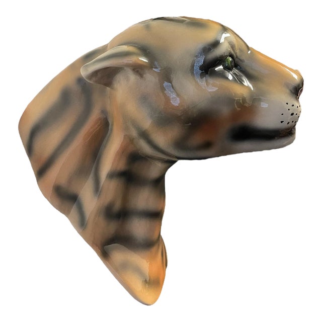 Vintage Glazed Ceramic Jaguar Head Wallhanger For Sale