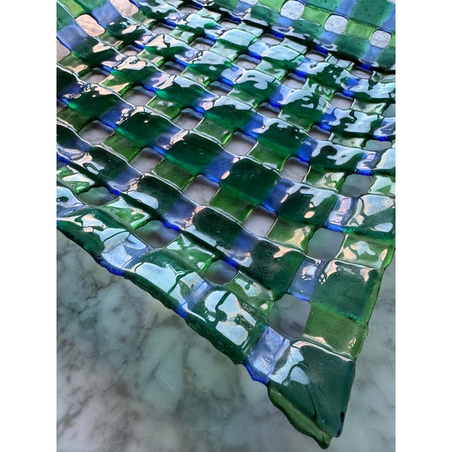 Blue Vintage Large Hand-Blown Art Glass Fruit Bowl / Platter in Basketweave Lattice Design For Sale - Image 8 of 9