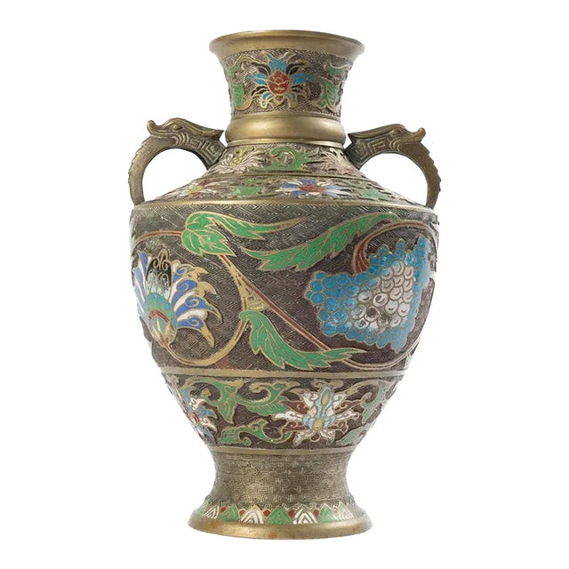 Vintage Japanese Bronze Champleve Vase With Ornate Handles For Sale