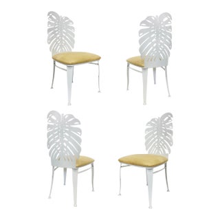 Vintage Painted Cut Iron Monstera Leaf Chairs With Cushions, Set of 4 For Sale