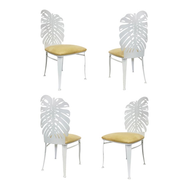 Vintage Painted Cut Iron Monstera Leaf Chairs With Cushions, Set of 4 For Sale