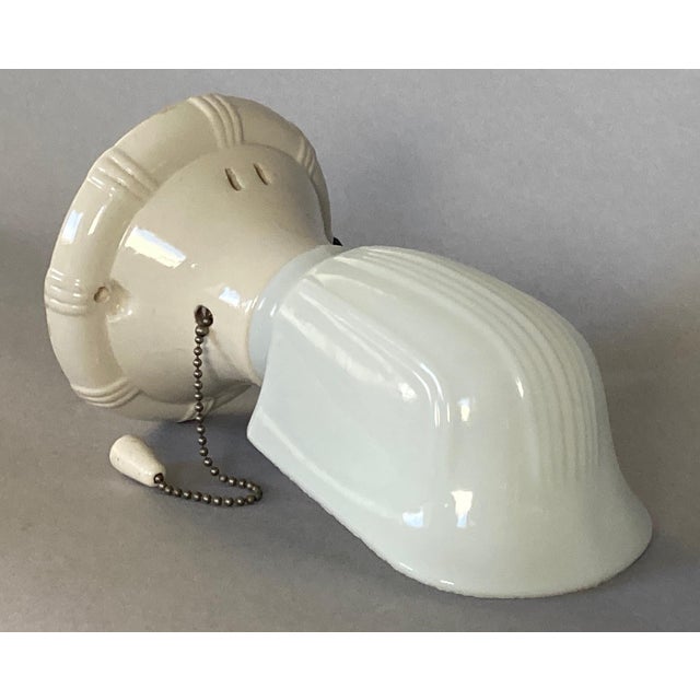 Art Deco 1920s Art Deco White Porcelain Bathroom Wall Sconce, White Glass Shade For Sale - Image 3 of 4