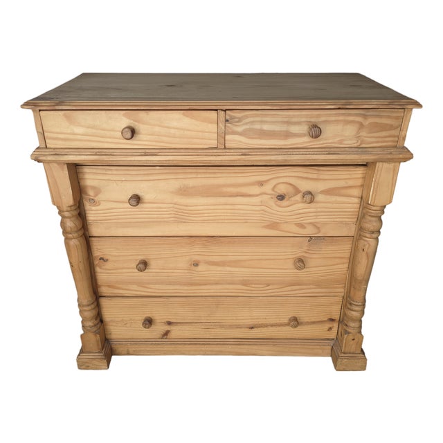 Vintage Solid Pine Wood 5 Drawer Dresser For Sale