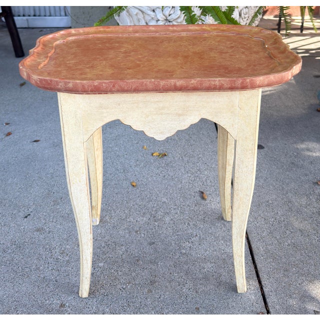 French Provincial Painted Side Table W Faux Marble Top.