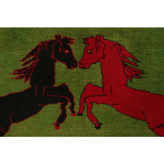 1950s Vintage Afghan Rug, Green With Red and Black Horse Pictorials - Rug & Kilim For Sale - Image 5 of 9