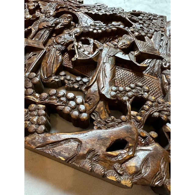 Early 20th Century Antique Asian Hand-Carved Wall Art Wood Sculpture Fine Art Scenes For Sale - Image 5 of 12