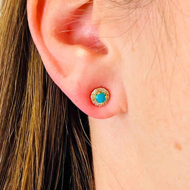 Traditional Natural Turquoise Diamond Stud Earrings 14k Yellow Gold 0.65 TCW Certified For Sale - Image 3 of 10