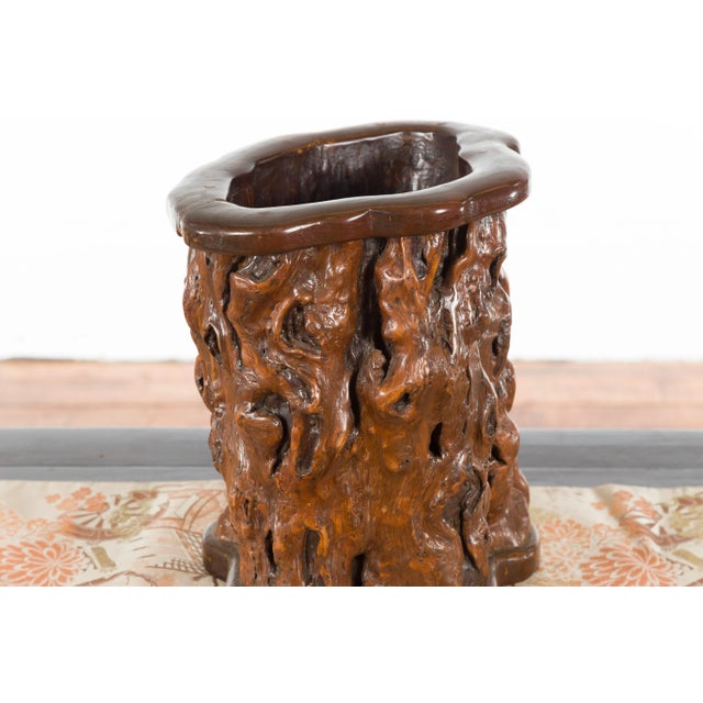 Chinese Rustic Vintage Oval Root Planter with Dark Brown Patina For Sale - Image 9 of 11