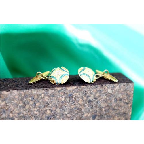 Metal Gold Cufflinks with Enamelled Reliefs, Set of 2 For Sale - Image 7 of 8