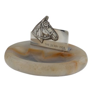 Vintage English Silver and Agate Horse Racing Themed Ashtray, 1957 For Sale