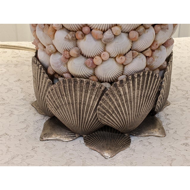 Tan Scallop Seashell & Silverplate Table Lamp With Silk Shantung Shade For Sale - Image 8 of 12