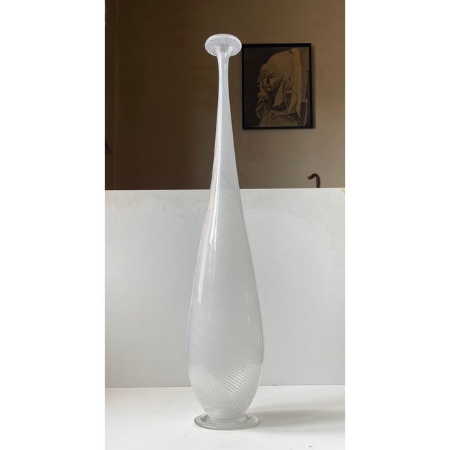 Tall Mezza Filigrana Footed White Art Glass Vase in the style of Dino Martens For Sale - Image 11 of 11