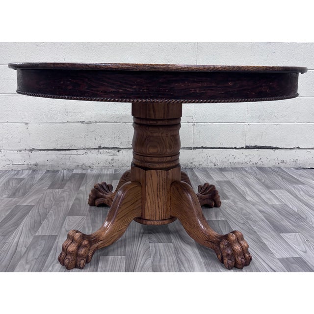 Antique Victorian 48 Inch Round Tiger Oak Claw Foot Pedestal Dining Table For Sale - Image 4 of 15
