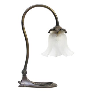 Art Nouveau French Brass & Frosted Glass Table Lamp For Sale