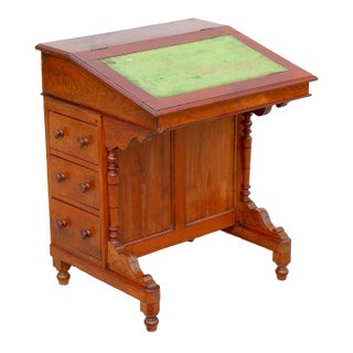Antique 1860s Victorian Walnut Davenport Writing Desk English Slant Front Secretary With Original Green Baize Top For Sale