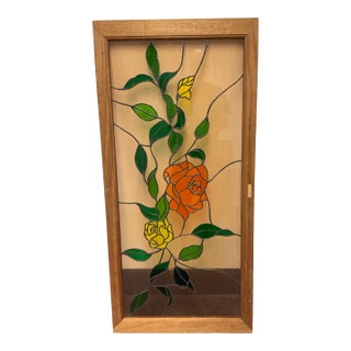 Tori Framed Stained Glass Floral Panel With Roses, Vintage For Sale