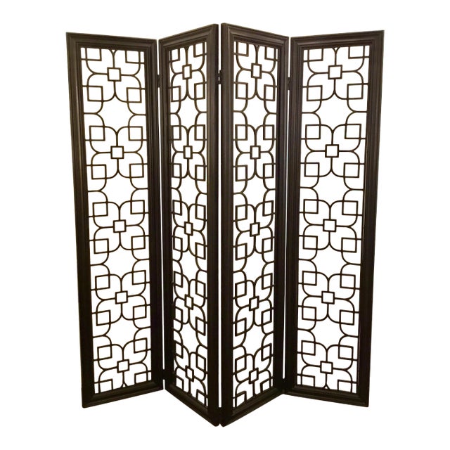 Modern Fret Work Ebony Finished Wood Room Divider For Sale