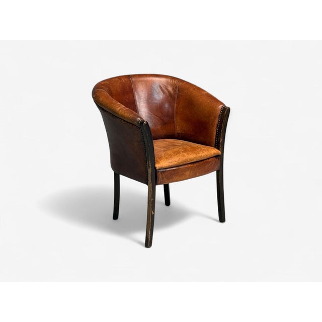 Georgian Style, Distressed Brown Leather, Stained Wood, Tub Chair, Usa, 1960s For Sale - Image 4 of 9