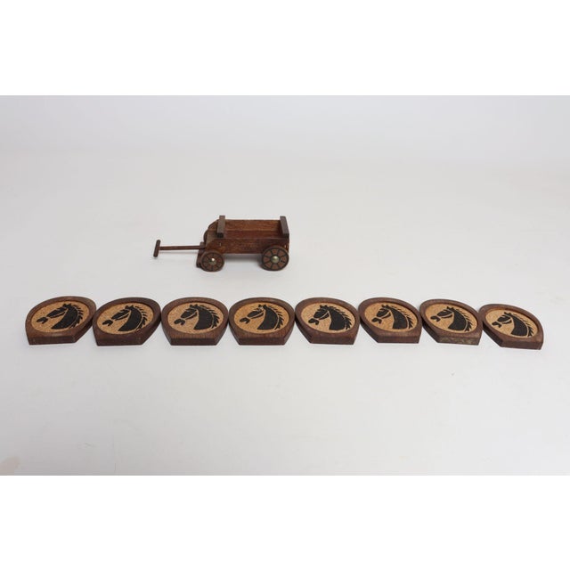 1980s Vintage Western Set of Eight Horse Motif Coasters With Covered Wagon Carrier For Sale - Image 5 of 16