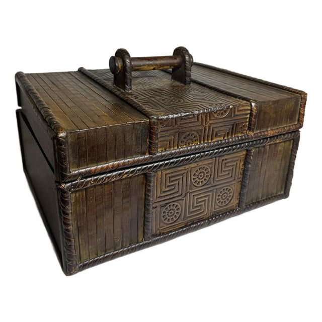 Mid 20th Century Chinese Bamboo Coiled Rattan Wood Box Embossed Patterning For Sale