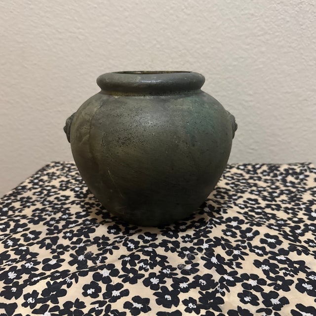 Antique Bronze-Inspired Ceramic Vase – Weathered Patina Vase With Lion Crest For Sale - Image 9 of 10