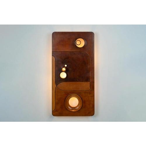 Stools and Wall Lamp in Cherrywood and Leather, 1970s, Set of 3 For Sale - Image 12 of 18