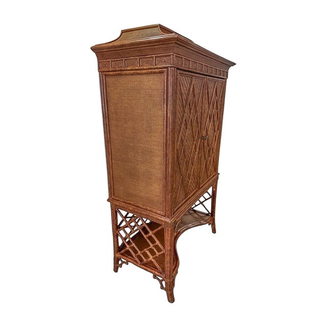 Vintage Pagoda-Top Rattan Cabinet With Diamond-Weave Doors For Sale - Image 4 of 5
