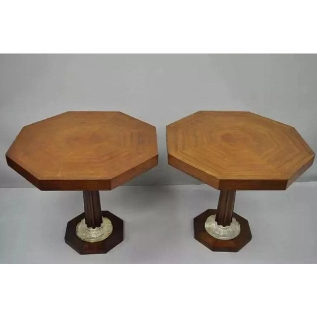 Art Deco Art Deco Grosfeld House Style Octagonal Mahogany & Lucite Pedestal Side Tables - a Pair For Sale - Image 3 of 12