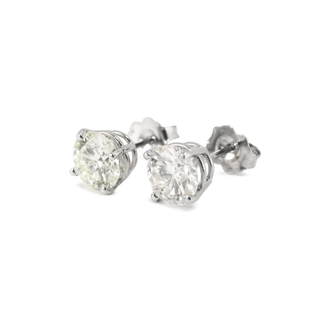 Unisex 14k White Gold 2.14ctw Round Cut Diamond 4 Prong Push Back Stud Earrings, A Pair For Sale - Image 4 of 8