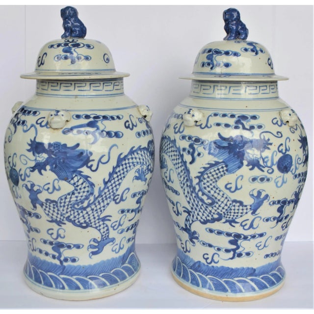 Large Chinoiserie Blue and White Dancing Dragon Ginger Jars, a Pair For Sale - Image 9 of 9