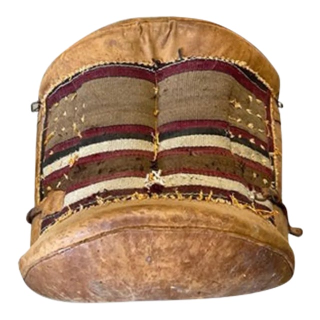 Vintage Antique Leather Camel Saddle – Textile Detail Decor Piece For Sale