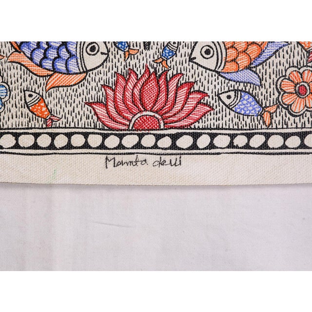 Folk Art Mamta Devi, 2016 National Award-Winning Artist – Hand-Painted Madhubani "The Tree of Life With Celestial Peacocks and Sacred Fish" Painting on Canvas For Sale - Image 3 of 4