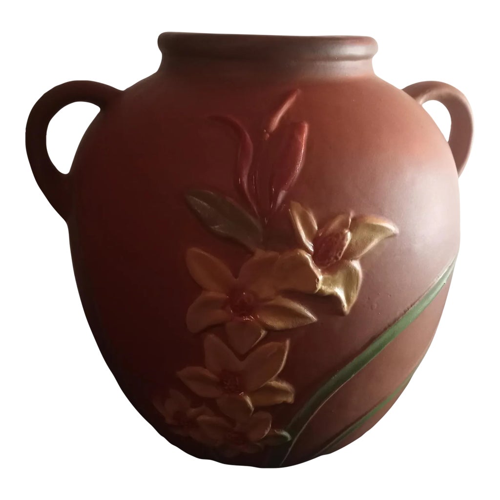 1970s Brown Roseville Dogwood Pattern Jardiniere Dual Handle Vase