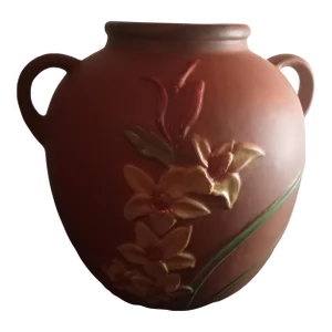 1970s Brown Roseville Dogwood Pattern Jardiniere Dual Handle Vase