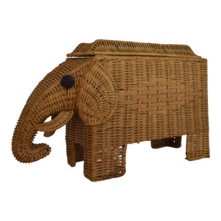 1970s Wicker Elephant Lidded Storage Basket For Sale