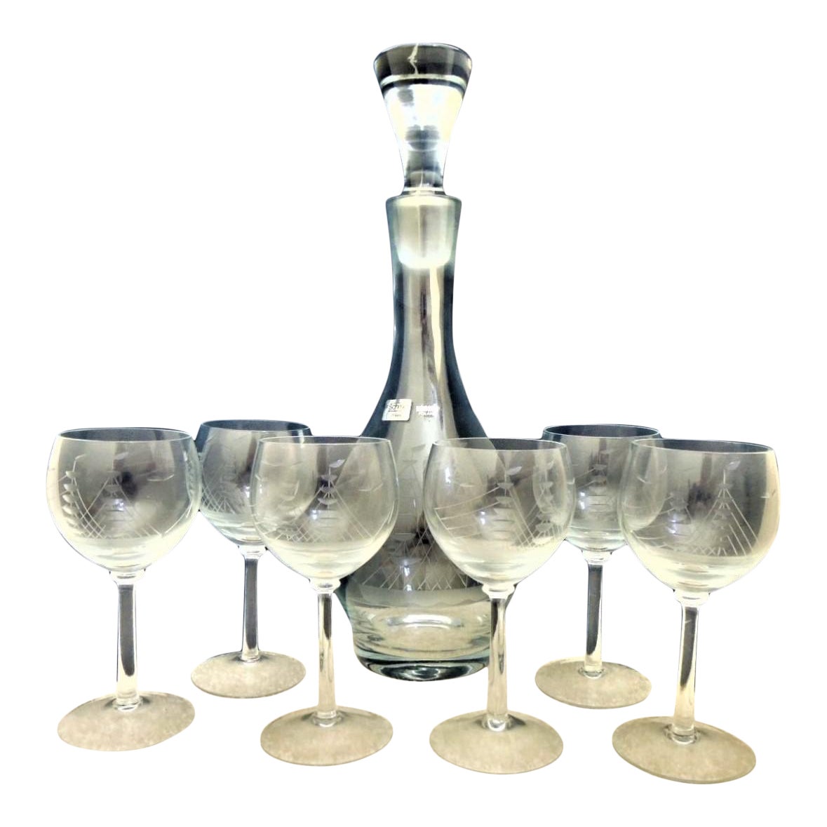 Nautical Etched Ship on Crystal Bar Glass Decanter & Wine Glasses Set