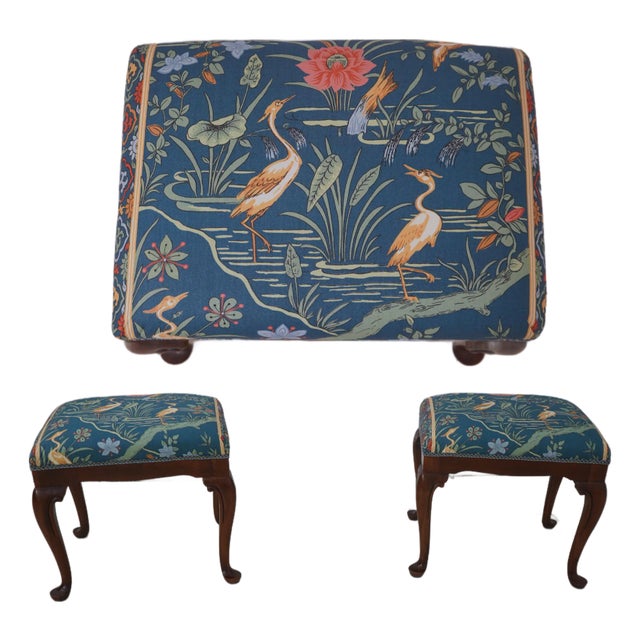 Pair Scalamandre Upholstered Queen Anne Stools For Sale